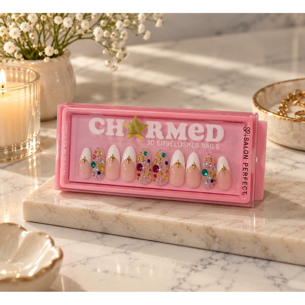 Salon Perfect Charmed 3D Embellished Press On Nails French Tip Rhinestone Jewel
